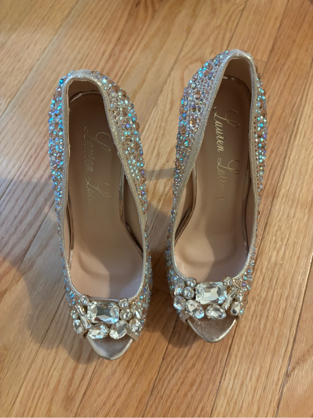 Lauren Lorraine Champagne Crystal Rhinestone Peep Toe Pumps Size 7.5 Like New